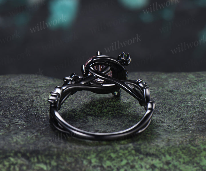 Round Fireworks Padparadscha Engagement Ring Moon Vine Floral Peridot Accent Promise Ring Unique Twig Band