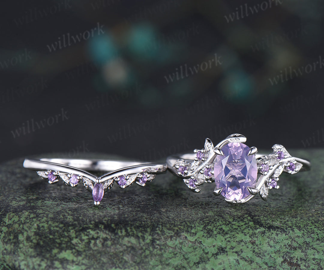 Vintage oval cut Lavender Amethyst engagement ring set amethyst leaf ring curved marquise purple crystal band unique bridal set