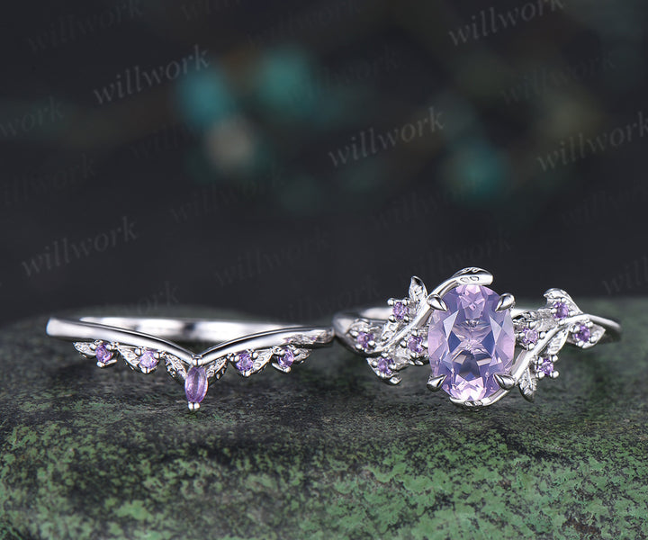 Vintage oval cut Lavender Amethyst engagement ring set amethyst leaf ring curved marquise purple crystal band unique bridal set