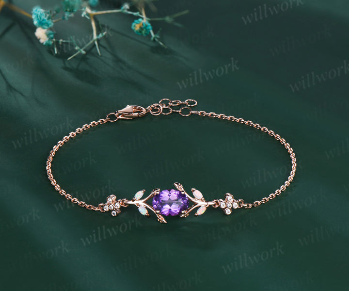 Dainty oval cut amethyst marquise opal leaf bracelet moissanites clover adjustable bracelet Februarly birthstone jewelry