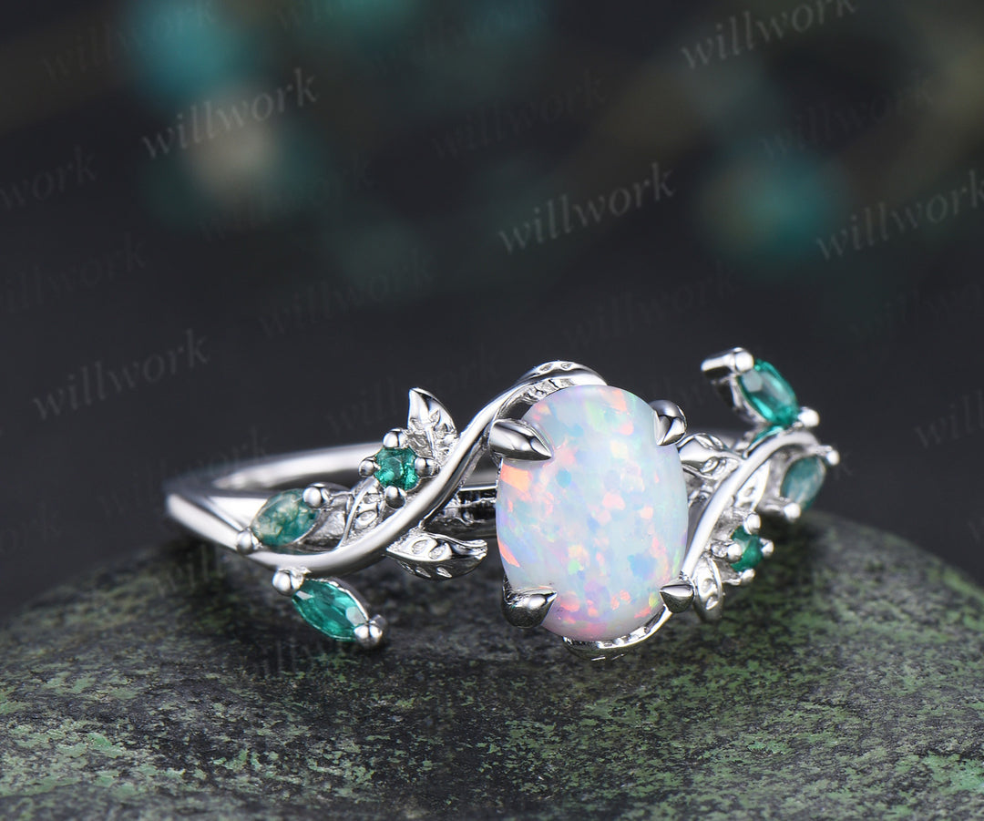 Oval white opal engagement ring retro emreald moss agate leaf branch ring nature inspired bridal ring gifts for women