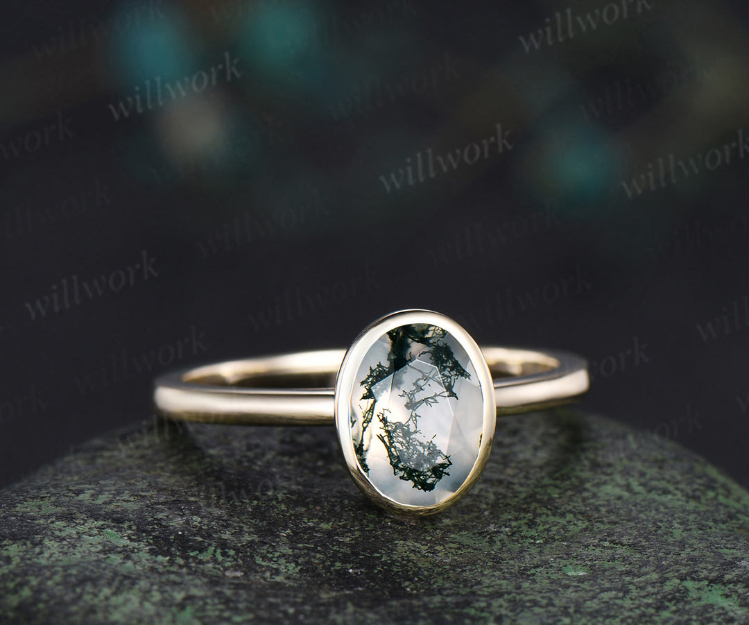 Oval cut natural moss agate engagement ring unique solitaire moss agate bezel ring solid 10k/14k/18k yellow gold ring for women