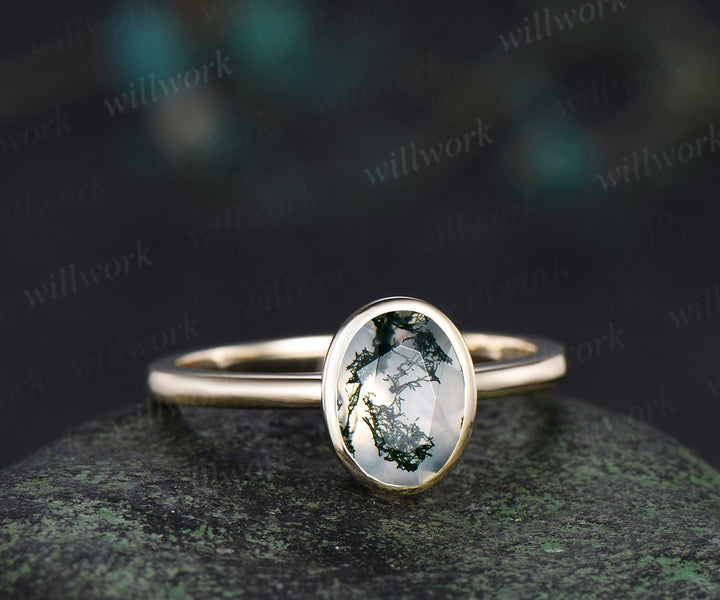 Oval cut natural moss agate engagement ring unique solitaire moss agate bezel ring solid 10k/14k/18k yellow gold ring for women