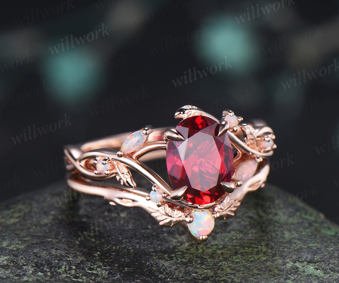 Oval Cut Ruby Split Shank Engagement Ring Set  Marquise Opal Leaf Vine Infinity Ring Matching Stacking Ring Bridal Set
