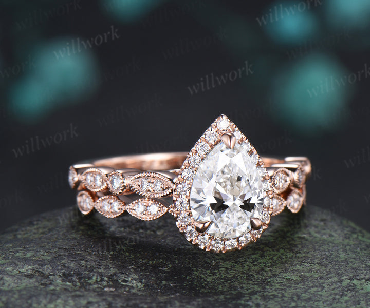 Vintage pear cut Lab grown diamond ring set halo half eternity diamond promise ring milgrain art deco band bridal set
