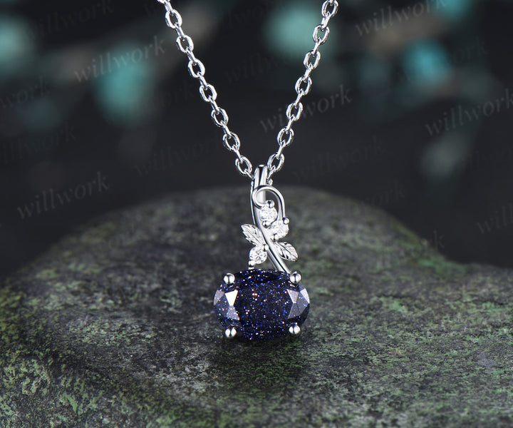East to West Oval Blue Sandstone Necklace Moissanite Accent Leaf Twig Pendant Nature Inspired Jewelry Gifts