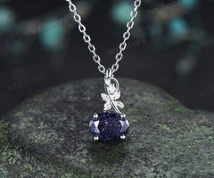East to West Oval Blue Sandstone Necklace Moissanite Accent Leaf Twig Pendant Nature Inspired Jewelry Gifts