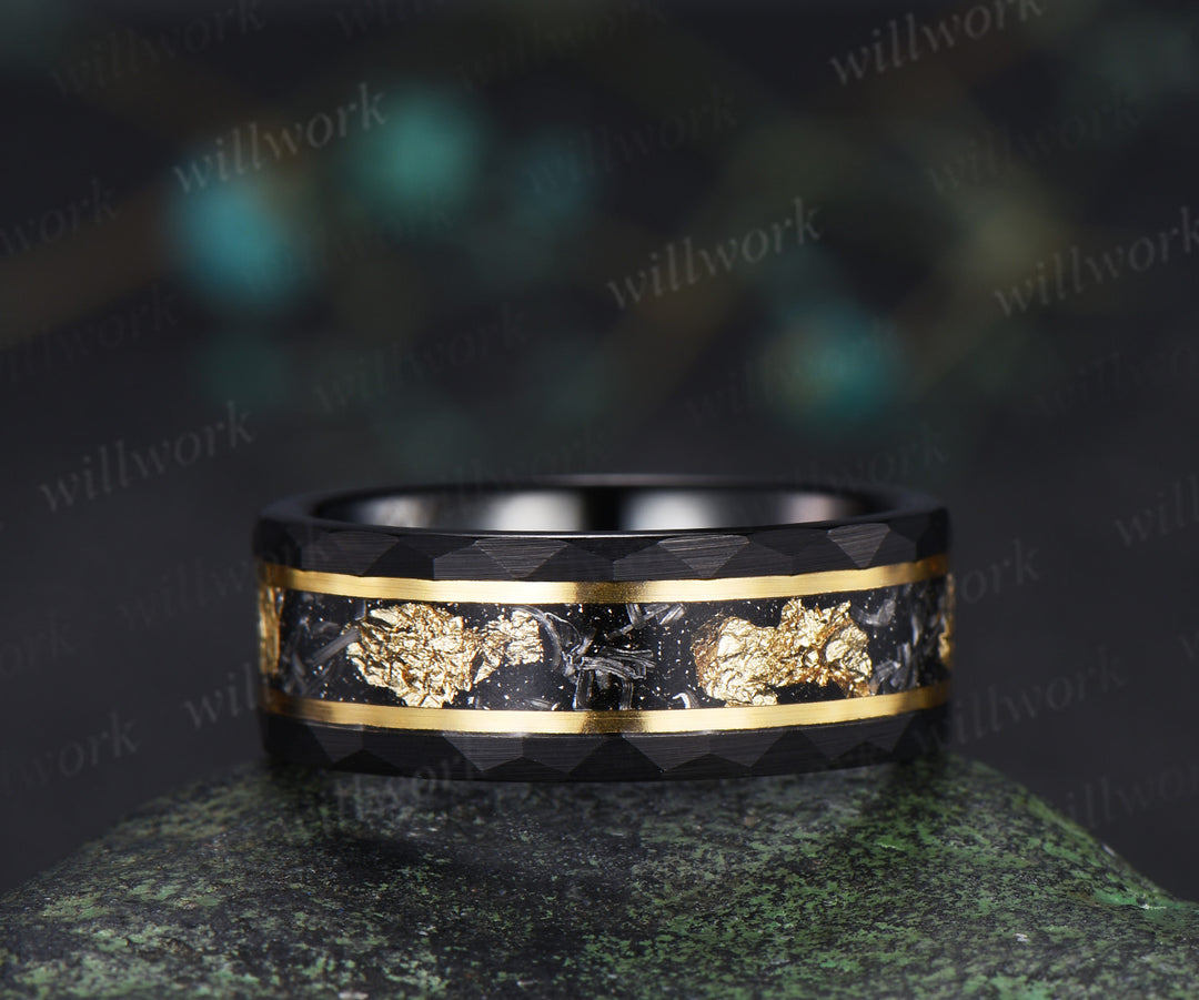 Nature Inspired Oval Blue Sandstone Leaf Ring Set & Tungsten Gold Flakes Men's Ring Unique Couple Wedding Rings
