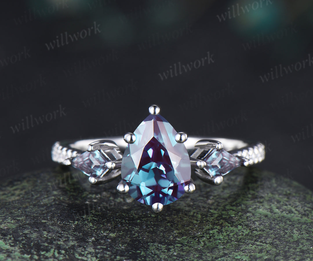 Pear cut alexandrite engagement ring set kite alexandrite half eternity diamond marquise amethyst stacking bridal set