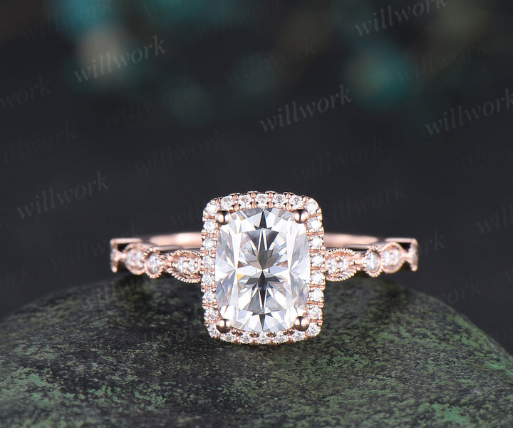 6x8mm cushion cut moissanite engagement ring set rose gold unique halo milgrain ring art deco diamonds half eternity wedding band antique bridal set