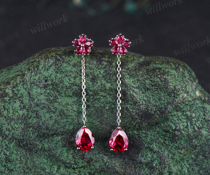 Pear shape ruby threader earrings flower drop earrings July birthstone gifts wedding anniversary earrings