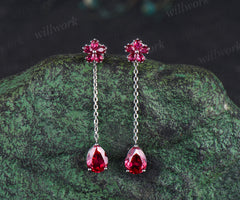 Pear shape ruby threader earrings flower drop earrings July birthstone gifts wedding anniversary earrings