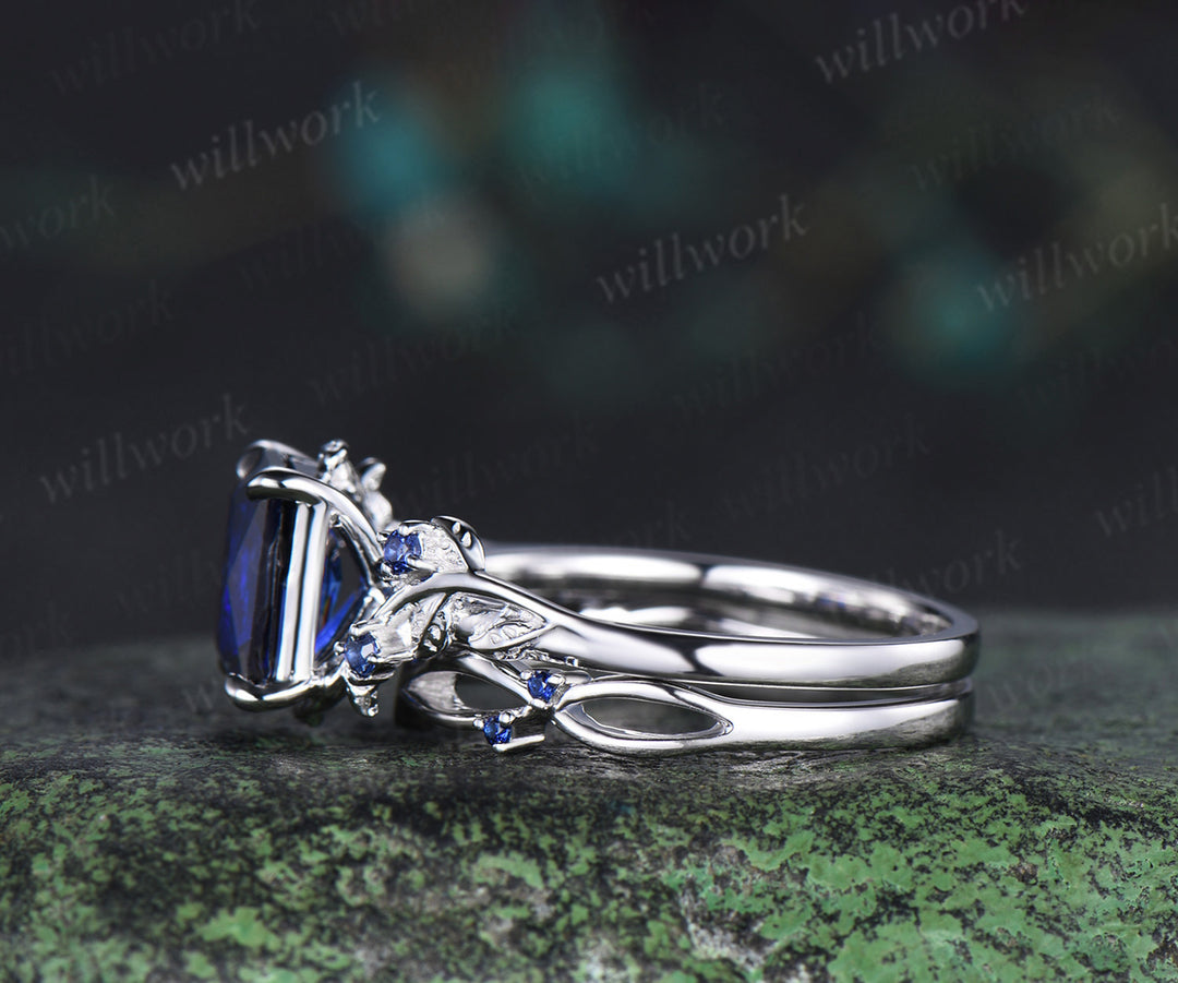 Vintage Radiant cut sapphire engagement ring twig leaf nature inspired sapphire ring art deco matching band unique bridal set