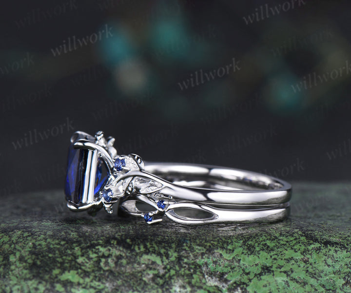 Vintage Radiant cut sapphire engagement ring twig leaf nature inspired sapphire ring art deco matching band unique bridal set