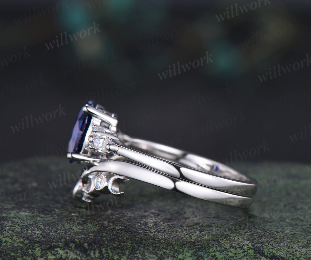Oval cut blue sapphire engagement ring set seven stone moissanite ring vintage moon women Celtic knot wedding bridal set