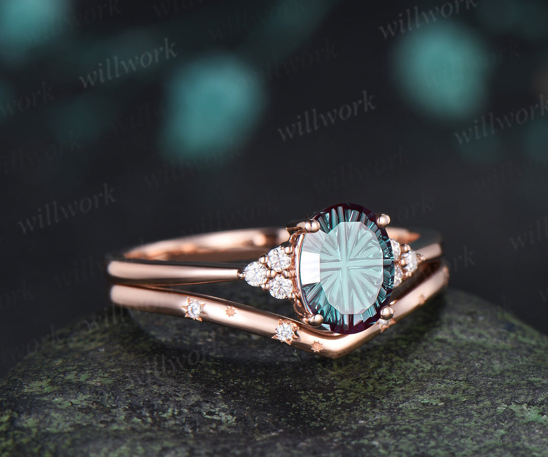 Oval Fantasy Cut Alexandrite Engagement Ring Set Moissanite Cluster Ring Star Wedding Band Color Change Gemstone Bridal Set