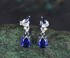 Pear cut sapphire earrings leaf opal marquise sapphire drop earrings September jewelry for her
