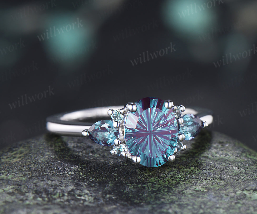 Oval Fantasy Cut Alexandrite Engagement Ring Cluster Pear Alexandrite Seven Stone Ring Unique June Birthstone Gifts