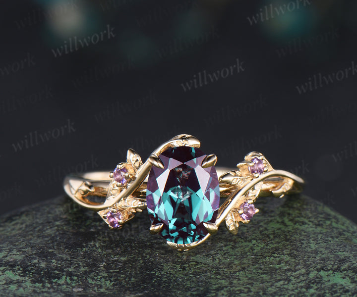 Oval alexandrite engagement ring set leaf twig amethysts ring double layer enhancer wraps band unique brial set