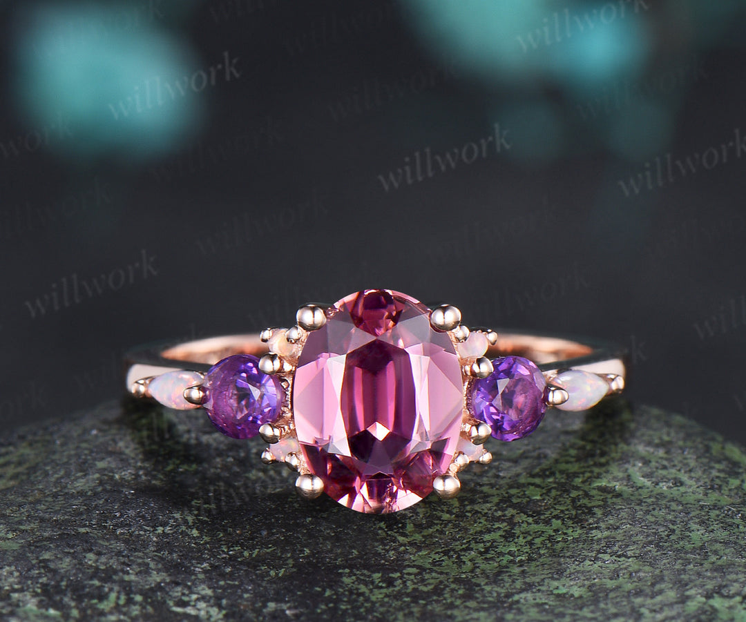 Oval Natural Pink Tourmaline Engagement Ring Set Five Stone Amethyst Opal Art Deco Moissanite Enhancer Band Bridal Set