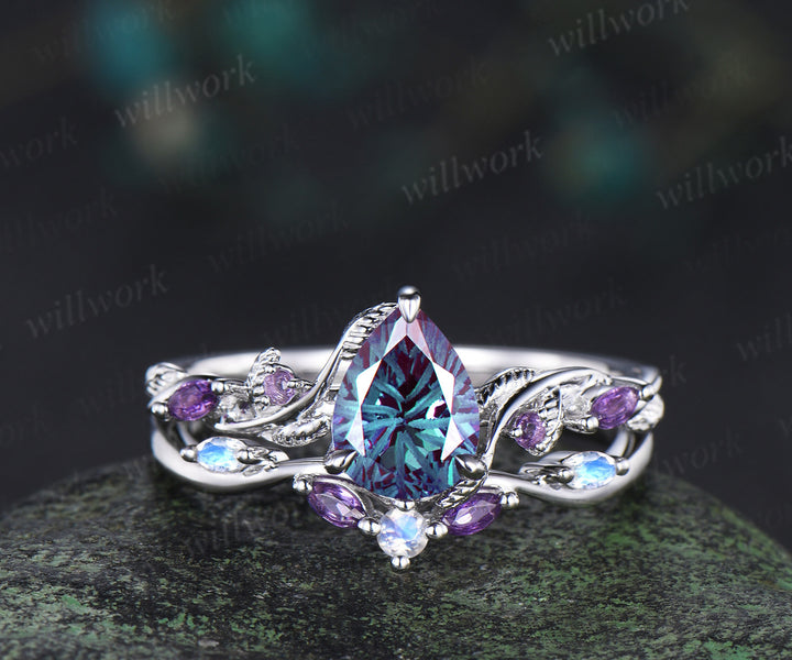 Fireworks cut Alexandrite ring white gold nature inspired bridal ring set leaf amethyst moonstone band gifts for her