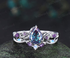 Fireworks cut Alexandrite ring white gold nature inspired bridal ring set leaf amethyst moonstone band gifts for her