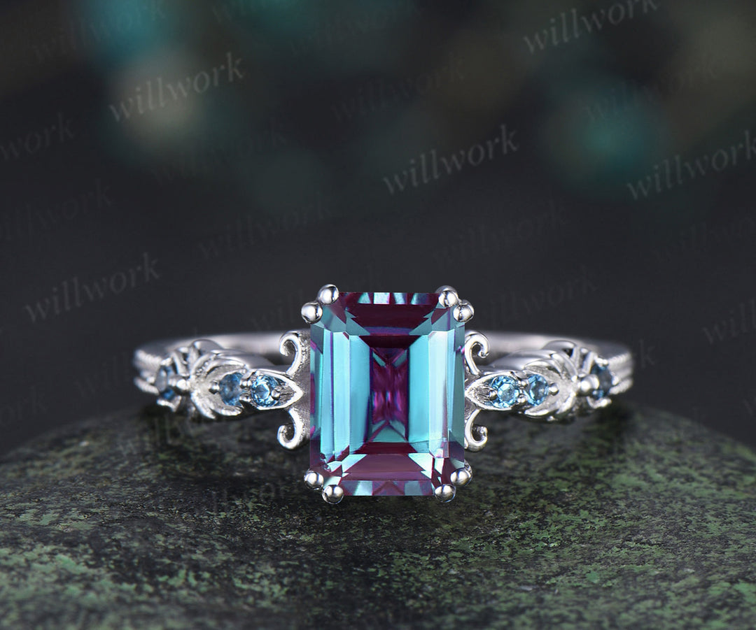 Vintage emerald cut alexandrite engagement ring set filigree art deco blue topaz ring half eternity alexandrite wedding band June birthstone jewelry gifts