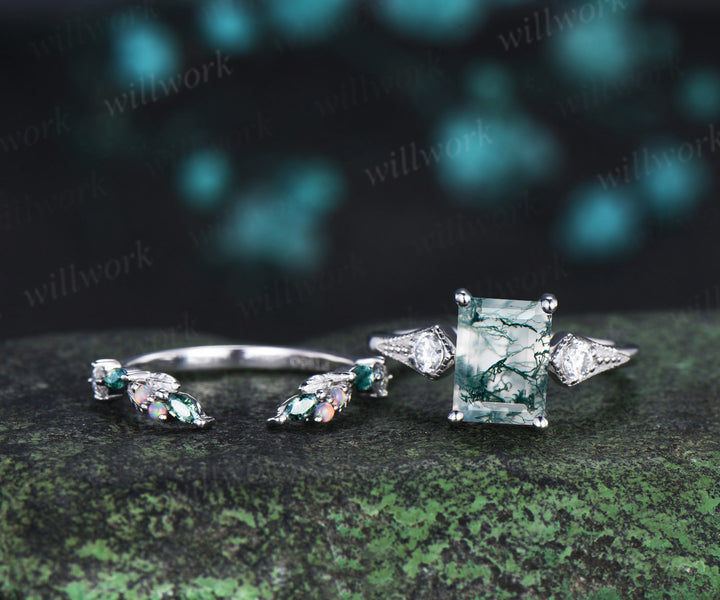 Emerald cut moss agate ring set milgrain moissanite three stone ring moss agate leaf open gap wedding band bridal set