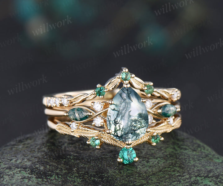 Nature inspired pear moss agate ring set marquise moss agate seven stone ring art deco emerald moissanites wedding band unique bridal set