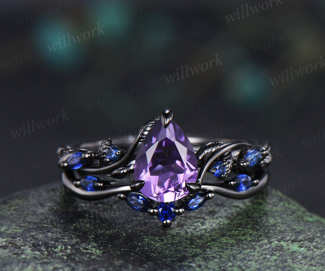 Leaf Pear Amethyst Accent Sapphires Bridal Ring Set & Tungsten Galaxy Nebula Mens Band Couple Ring Set