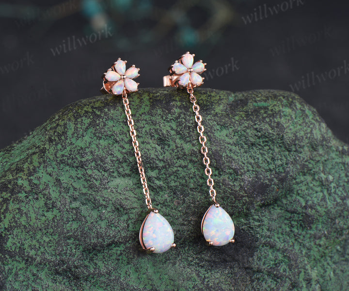 Pear cut opal threader earrings flower drop earrings dainty opal earrings birthday anniversary wedding gifts