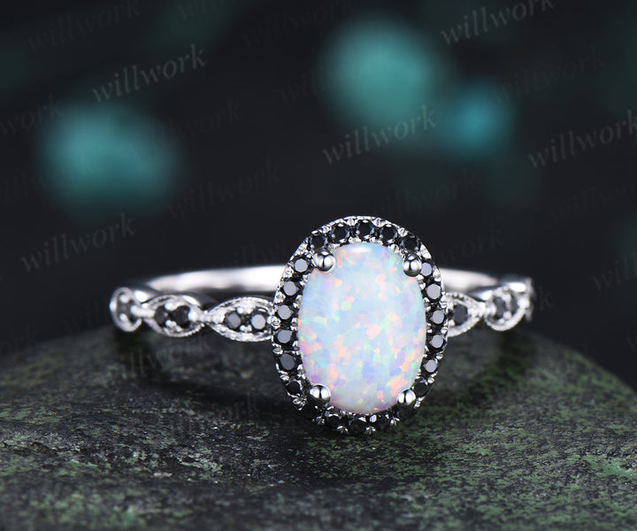 Oval white opal engagement ring vintage black diamond halo half eternity band promise ring