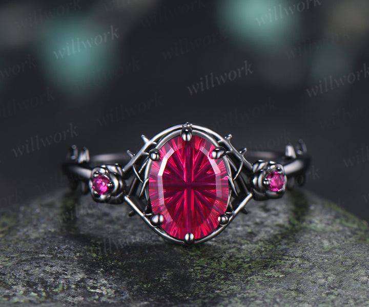 Gothic Oval Fantasy Cut Ruby Engagement Ring Set Black Gold Rose Thorn Ring Opal & Ruby Accent Matching Wedding Band Unique Bridal Set