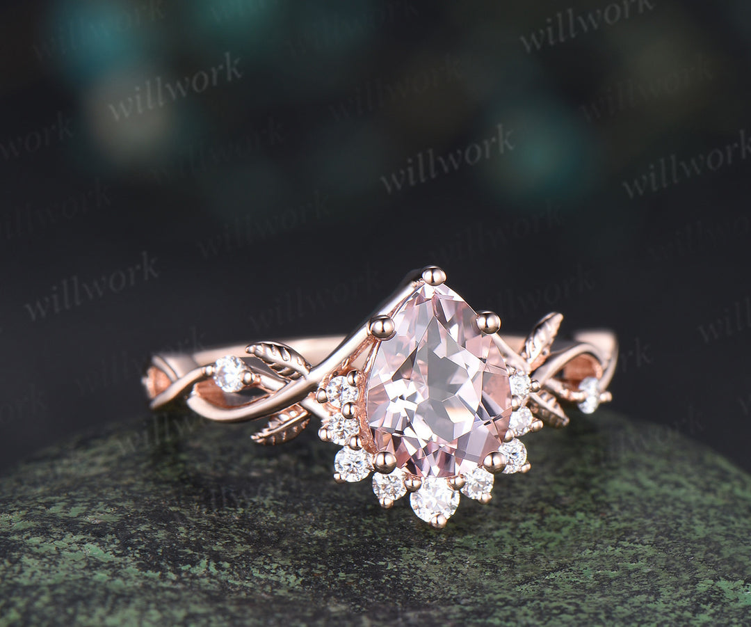 Pear shaped natural pink morganite engagemet ring art deco diamond leaf twig split shank ring soild rose gold bridal ring