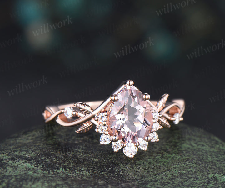 Pear shaped natural pink morganite engagemet ring art deco diamond leaf twig split shank ring soild rose gold bridal ring