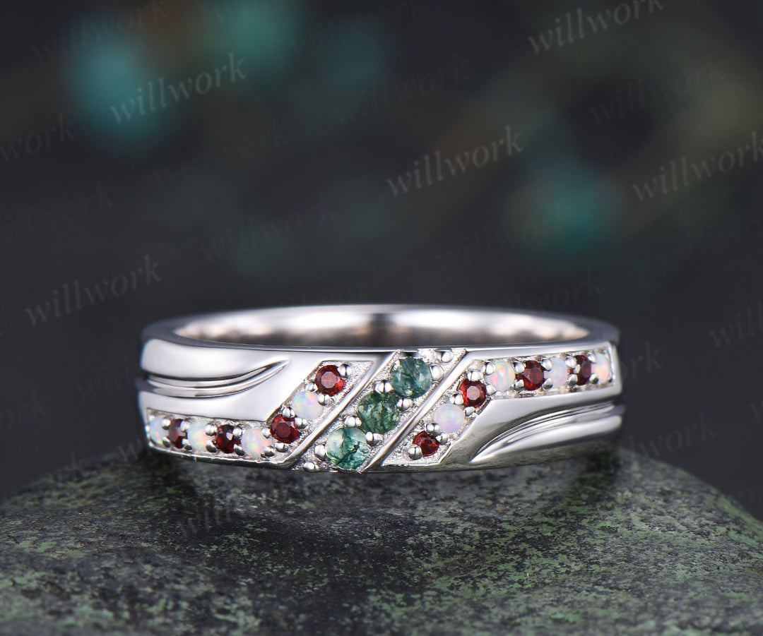 Pear Moss Agate Twig Leaf Ring Set & 5mm Moss Agate Opal Garnet Men Ring Unique Couple Ring Set