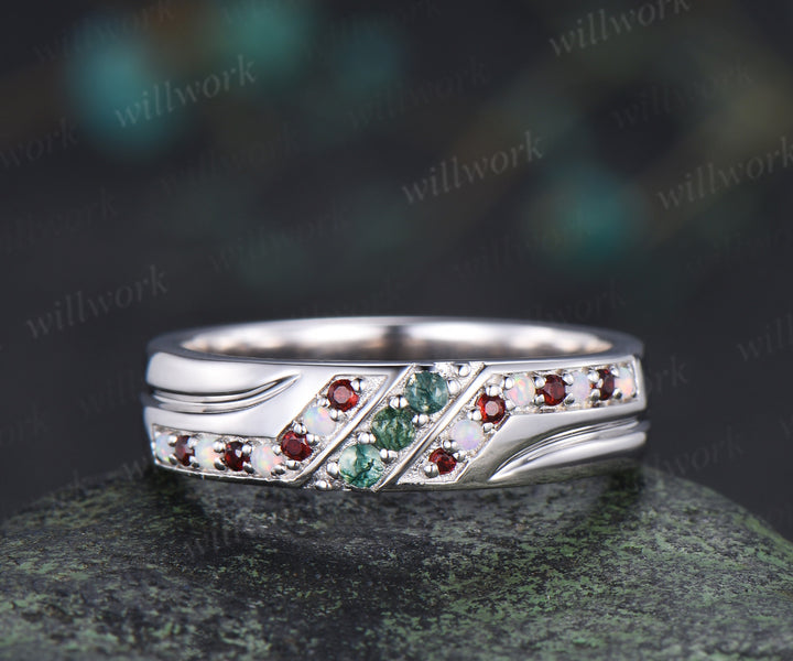 Pear Moss Agate Twig Leaf Ring Set & 5mm Moss Agate Opal Garnet Men Ring Unique Couple Ring Set