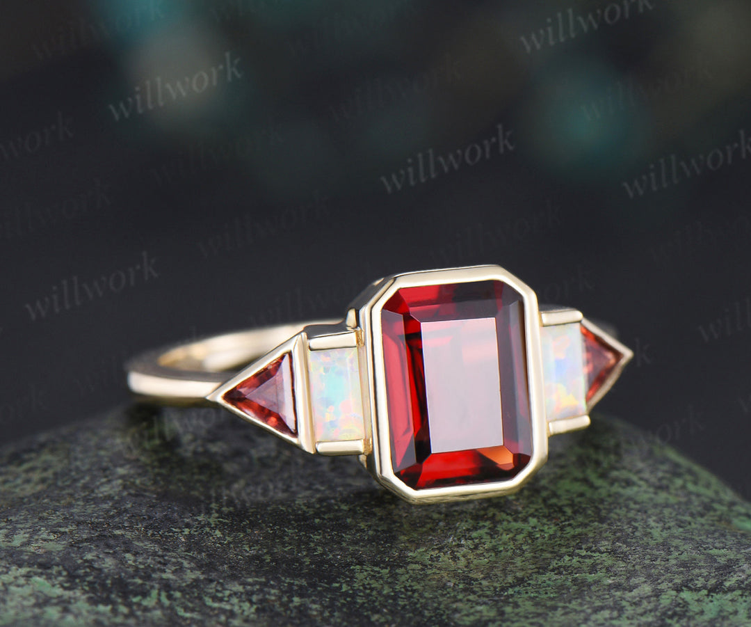 Bezel emerald cut garnet engagement ring baguette opal trilliant garnet ring unique five stones ring for women gifts for her