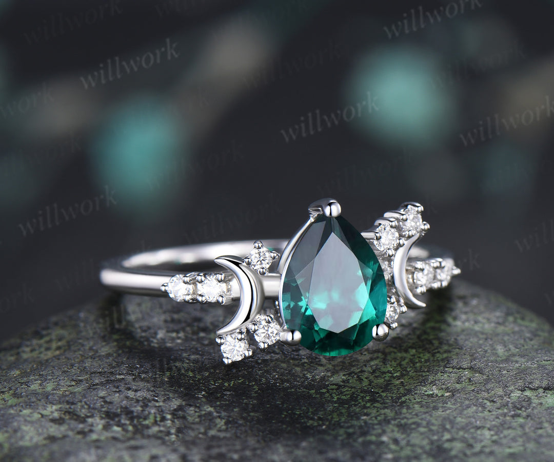 Teardrop Emerald Engagement Ring Art Deco Moon Moissanite Cluster Promise Ring Unique Wedding Ring