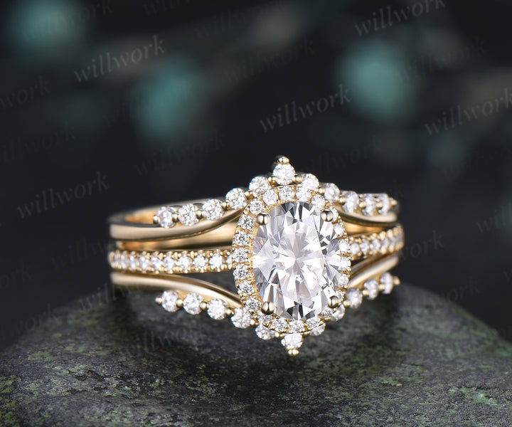 Vintage Oval Cut Moissanite Engagement Ring Diamond Halo Half Eternity Ring Curved Matching Stacking Enhancer Band Timeless Bridal Set