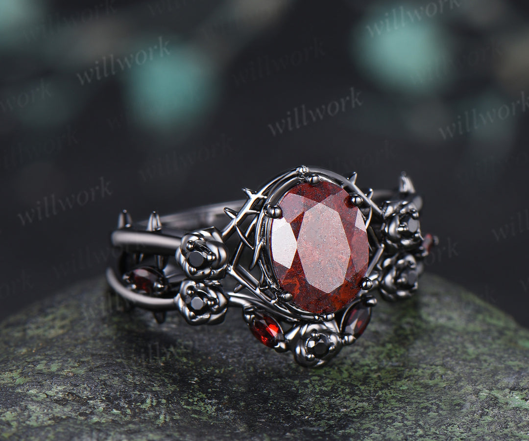 Gothic Oval Bloodstone Engagement Ring Set Black Gold Rose Thorn Ring Black Spinel & Garnet Accent Matching Wedding Band Unique Bridal Set