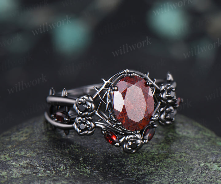 Gothic Oval Bloodstone Engagement Ring Set Black Gold Rose Thorn Ring Black Spinel & Garnet Accent Matching Wedding Band Unique Bridal Set