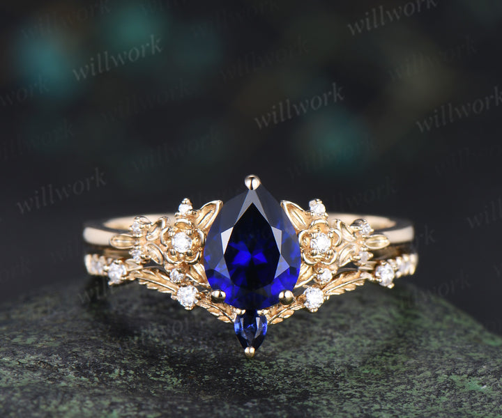 Nature Inspired Pear Sapphire Leaf Twig Ring Set & Tungsten Galaxy Nebula Men Blue Sandstone Band Couple Ring Set