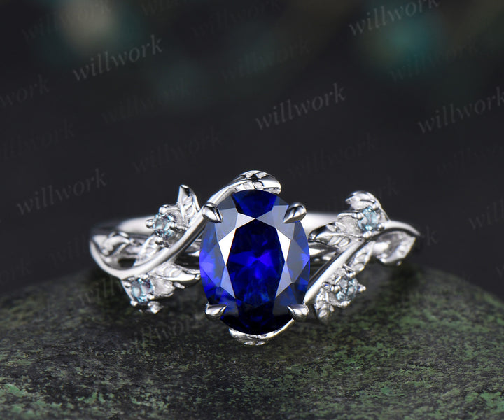 Art Deco Oval Sapphire Engagement Ring Sest Leaf Twig Branch Ring Alexandrite Split Shank Wedding Band Unique 2pc Nature Inspired Bridal Set