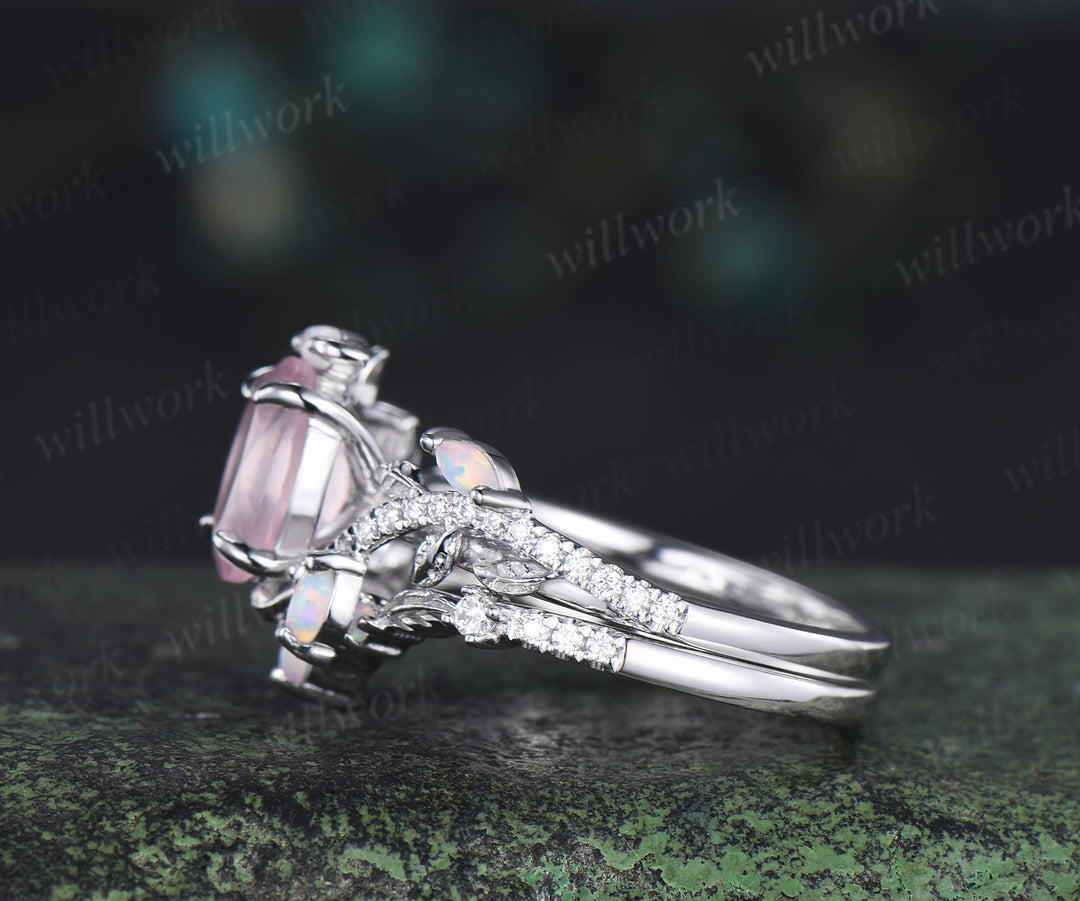 Vintage oval cut rose quartz engagement ring set leaf nature inspired opal moissanite bridal ring matching wedding band gifts for her