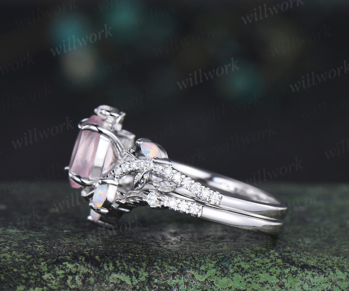 Vintage oval cut rose quartz engagement ring set leaf nature inspired opal moissanite bridal ring matching wedding band gifts for her