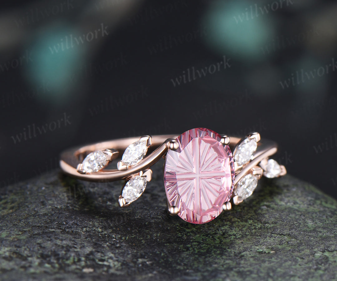 Oval Fantasy Cut Padparadscha Engagement Ring Moissanite Seven Stone Bypass Ring Unique Pink Sapphire Bridal Ring