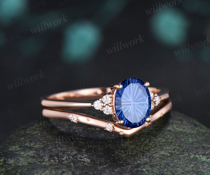 Oval Fantasy Cut Sapphire Engagement Ring Set Moissanite Cluster Promise Ring Star Wedding Band Unique Bridal Set