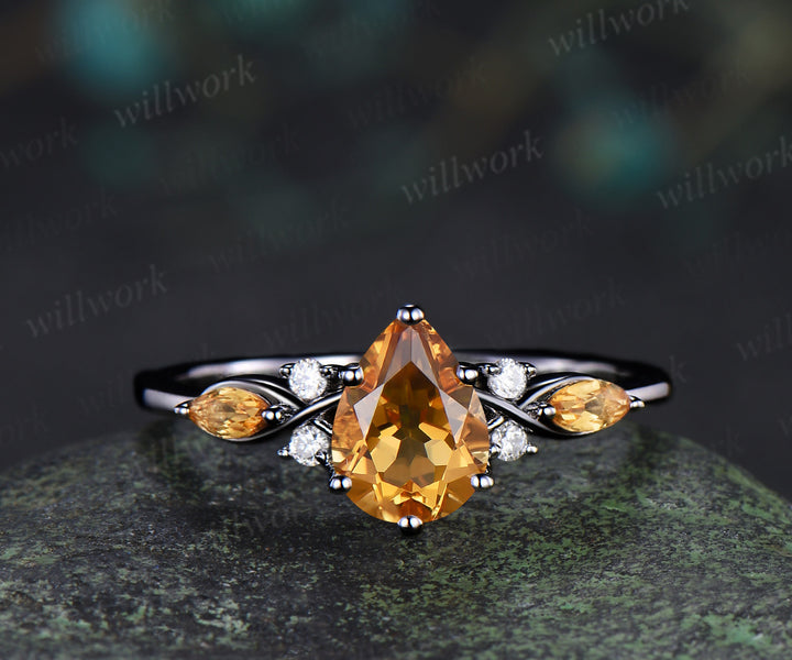 Pear Citrine Seven Stone Engagement Ring & Bold Tungsten Men Wedding Band Couple Rings