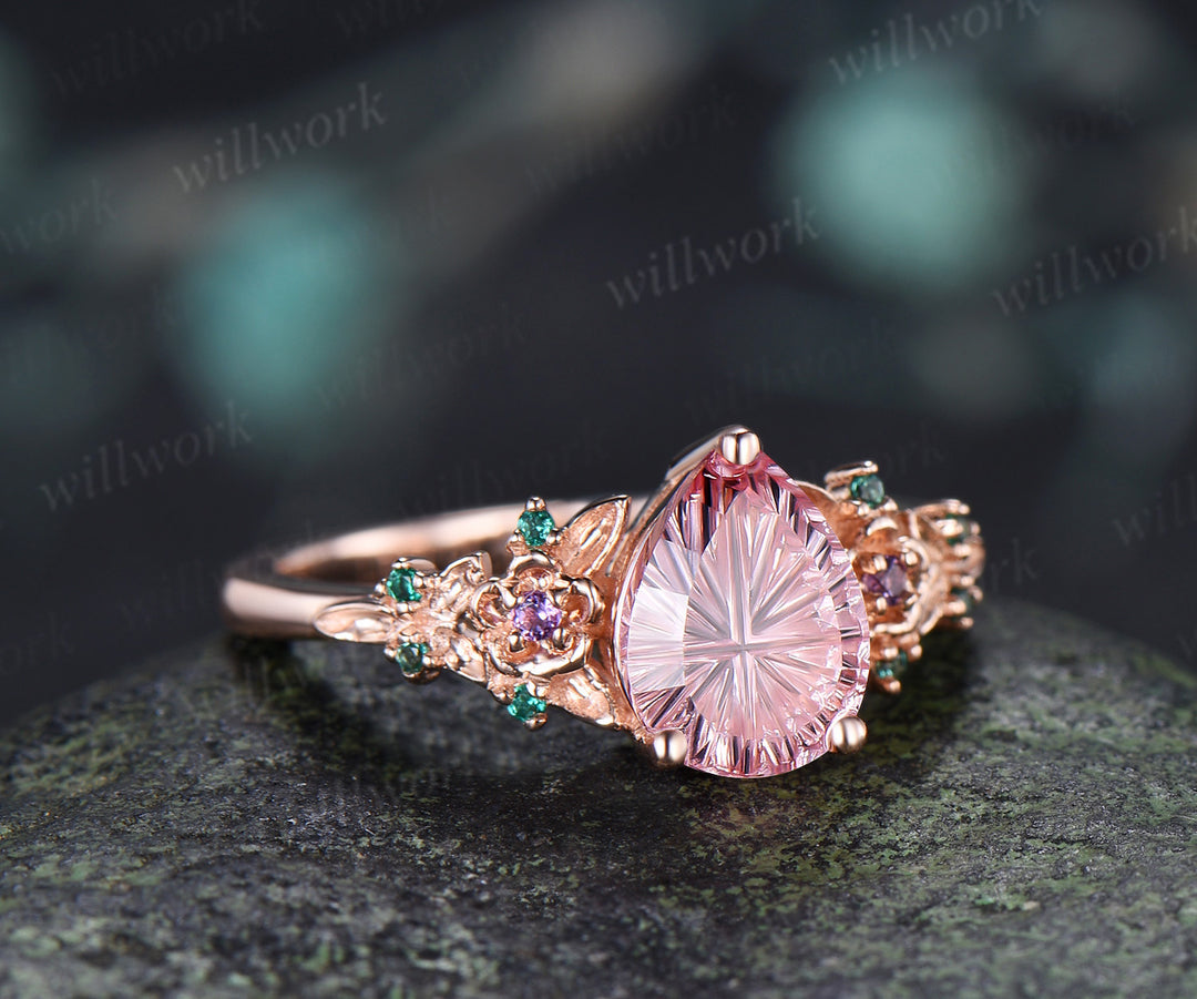 Fantasy Cut Padparadscha Engagement Ring Pear Shape Pink Sapphire Floral Amethyst Emerald Leaf Nature Inspired Ring